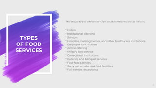 TYPES
OF FOOD
SERVICES
The major types of food service establishments are as follows:
* Hotels
* Institutional kitchens
* Schools
* Hospitals, nursing homes, and other health-care institutions
* Employee lunchrooms
* Airline catering
* Military food service
* Correctional institutions
* Catering and banquet services
* Fast-food services
* Carry-out or take-out food facilities
* Full-service restaurants
4
 