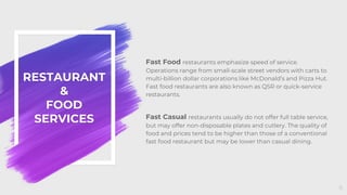 RESTAURANT
&
FOOD
SERVICES
Fast Food restaurants emphasize speed of service.
Operations range from small-scale street vendors with carts to
multi-billion dollar corporations like McDonald’s and Pizza Hut.
Fast food restaurants are also known as QSR or quick-service
restaurants.
Fast Casual restaurants usually do not offer full table service,
but may offer non-disposable plates and cutlery. The quality of
food and prices tend to be higher than those of a conventional
fast food restaurant but may be lower than casual dining.
6
 