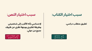 :‫النص‬ ‫اختيار‬ ‫سبب‬ :‫الكتاب‬ ‫اختيار‬ ‫سبب‬
‫شخصيتي‬ ‫إىل‬ ‫األقرب‬ ‫بأنه‬ ‫إلحساسي‬
‫ظروف‬ ‫عن‬ ‫نظري‬ ‫ووجهة‬ ‫تفكيري‬ ‫وطريقة‬
.‫حولي‬ ‫من‬ ‫جميع‬
.‫دراسي‬ ‫متطلب‬ ‫تطبيق‬
‫ا‬ ‫ن‬ ‫أ‬ ‫ء‬ ‫ال‬ ‫ؤ‬ ‫ه‬ ‫ل‬ ‫ك‬
‫م‬ ‫ه‬ ‫ه‬ ‫ا‬ ‫ب‬ ‫ش‬ ‫أ‬ ‫و‬
‫ح‬ ‫ل‬ ‫ش‬ ‫م‬ ‫ي‬ ‫ف‬
‫ي‬ ‫د‬ ‫ج‬ ‫و‬ ‫ي‬ ‫ب‬ ‫أ‬
 