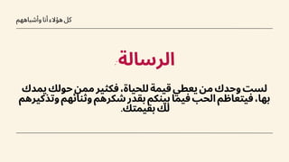 ‫يمدك‬ ‫حولك‬ ‫ممن‬ ‫فكثير‬ ،‫للحياة‬ ‫قيمة‬ ‫يعطي‬ ‫من‬ ‫وحدك‬ ‫لست‬
‫وتذكيرهم‬ ‫وثنائهم‬ ‫شكرهم‬ ‫بقدر‬ ‫بينكم‬ ‫فيما‬ ‫الحب‬ ‫فيتعاظم‬ ،‫بها‬
.‫بقيمتك‬ ‫لك‬
‫وأشباههم‬ ‫أنا‬ ‫هؤالء‬ ‫كل‬
:‫الرسالة‬
 