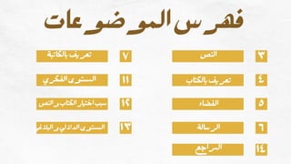 ‫الموضوعات‬‫فهرس‬
‫النص‬
‫بالكتاب‬‫تعريف‬
‫والنص‬‫الكتاب‬‫اختيار‬‫سبب‬
‫والبالغي‬‫الداللي‬‫المستوى‬
‫الفكري‬‫المستوى‬
‫الفضاء‬
‫الرسالة‬
٣
٤
٥
٦
‫بالكاتبة‬‫تعريف‬
٧
١١
١٢
١٣
‫المراجع‬ ١٤
 