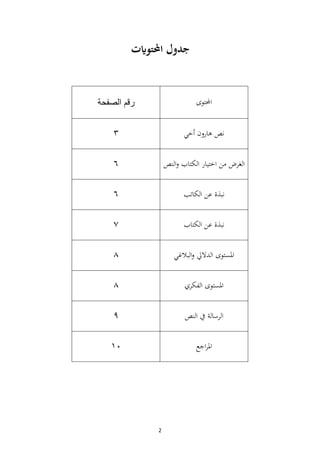 2
‫احملتوايت‬ ‫جدول‬
‫احملتوى‬
‫الصفحة‬ ‫رقم‬
‫أخي‬ ‫هارون‬ ‫نص‬
٣
‫الغرض‬
‫النص‬‫و‬ ‫الكتاب‬ ‫اختيار‬ ‫من‬
٦
‫الكاتب‬ ‫عن‬ ‫نبذة‬
٦
‫الكتاب‬ ‫عن‬ ‫نبذة‬
٧
‫البالغي‬‫و‬ ‫الداليل‬ ‫املستوى‬
٨
‫الفكري‬ ‫املستوى‬
٨
‫يف‬ ‫الرسالة‬
‫النص‬
٩
‫اجع‬‫ر‬‫امل‬
١٠
 