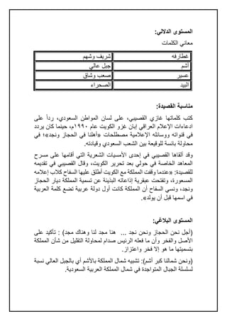 ‫ا‬
‫ﻟ‬
‫ﻣ‬
‫ﺳ‬
‫ﺗ‬
‫و‬
‫ى‬
‫ا‬
‫ﻟ‬
‫د‬
‫ﻻ‬
‫ﻟ‬
‫ﻲ‬
:
‫ﻣ‬
‫ﻌ‬
‫ﺎ‬
‫ﻧ‬
‫ﻲ‬
‫ا‬
‫ﻟ‬
‫ﻛ‬
‫ﻠ‬
‫ﻣ‬
‫ﺎ‬
‫ت‬
‫ﻏ‬
‫ط‬
‫ﺎ‬
‫ر‬
‫ﻓ‬
‫ﮫ‬
‫ﺷ‬
‫ر‬
‫ﯾ‬
‫ف‬
‫و‬
‫ﺷ‬
‫ﮭ‬
‫م‬
‫أ‬
‫ﺷ‬
‫م‬
‫ﺟ‬
‫ﺑ‬
‫ل‬
‫ﻋ‬
‫ﺎ‬
‫ﻟ‬
‫ﻲ‬
‫ﻋ‬
‫ﺳ‬
‫ﯾ‬
‫ر‬
‫ﺻ‬
‫ﻌ‬
‫ب‬
‫و‬
‫ﺷ‬
‫ﺎ‬
‫ق‬
‫ا‬
‫ﻟ‬
‫ﺑ‬
‫ﯾ‬
‫د‬
‫ا‬
‫ﻟ‬
‫ﺻ‬
‫ﺣ‬
‫ر‬
‫ا‬
‫ء‬
‫ﻣ‬
‫ﻧ‬
‫ﺎ‬
‫ﺳ‬
‫ﺑ‬
‫ﺔ‬
‫ا‬
‫ﻟ‬
‫ﻘ‬
‫ﺻ‬
‫ﯾ‬
‫د‬
‫ة‬
:
‫ﻛ‬
‫ﺗ‬
‫ب‬
‫ﻛ‬
‫ﻠ‬
‫ﻣ‬
‫ﺎ‬
‫ﺗ‬
‫ﮭ‬
‫ﺎ‬
‫ﻏ‬
‫ﺎ‬
‫ز‬
‫ي‬
‫ا‬
‫ﻟ‬
‫ﻘ‬
‫ﺻ‬
‫ﯾ‬
‫ﺑ‬
‫ﻲ‬
،
‫ﻋ‬
‫ﻠ‬
‫ﻰ‬
‫ﻟ‬
‫ﺳ‬
‫ﺎ‬
‫ن‬
‫ا‬
‫ﻟ‬
‫ﻣ‬
‫و‬
‫ا‬
‫ط‬
‫ن‬
‫ا‬
‫ﻟ‬
‫ﺳ‬
‫ﻌ‬
‫و‬
‫د‬
‫ي‬
،
‫ر‬
‫د‬
‫ا‬
ً
‫ﻋ‬
‫ﻠ‬
‫ﻰ‬
‫ا‬
‫د‬
‫ﻋ‬
‫ﺎ‬
‫ء‬
‫ا‬
‫ت‬
‫ا‬
‫ﻹ‬
‫ﻋ‬
‫ﻼ‬
‫م‬
‫ا‬
‫ﻟ‬
‫ﻌ‬
‫ر‬
‫ا‬
‫ﻗ‬
‫ﻲ‬
‫إ‬
‫ﺑ‬
‫ﺎ‬
‫ن‬
‫ﻏ‬
‫ز‬
‫و‬
‫ا‬
‫ﻟ‬
‫ﻛ‬
‫و‬
‫ﯾ‬
‫ت‬
‫ﻋ‬
‫ﺎ‬
‫م‬
١٩٩٠
‫م‬
،
‫ﺣ‬
‫ﯾ‬
‫ﻧ‬
‫ﻣ‬
‫ﺎ‬
‫ﻛ‬
‫ﺎ‬
‫ن‬
‫ﯾ‬
‫ر‬
‫د‬
‫د‬
‫ﻓ‬
‫ﻲ‬
‫ﻗ‬
‫ﻧ‬
‫و‬
‫ا‬
‫ﺗ‬
‫ﮫ‬
‫و‬
‫و‬
‫ﺳ‬
‫ﺎ‬
‫ﺋ‬
‫ﻠ‬
‫ﮫ‬
‫ا‬
‫ﻹ‬
‫ﻋ‬
‫ﻼ‬
‫ﻣ‬
‫ﯾ‬
‫ﺔ‬
‫ﻣ‬
‫ﺻ‬
‫ط‬
‫ﻠ‬
‫ﺣ‬
‫ﺎ‬
‫ت‬
»
‫أ‬
‫ھ‬
‫ﻠ‬
‫ﻧ‬
‫ﺎ‬
‫ﻓ‬
‫ﻲ‬
‫ا‬
‫ﻟ‬
‫ﺣ‬
‫ﺟ‬
‫ﺎ‬
‫ز‬
‫و‬
‫ﻧ‬
‫ﺟ‬
‫د‬
«
‫؛‬
‫ﻓ‬
‫ﻲ‬
‫ﻣ‬
‫ﺣ‬
‫ﺎ‬
‫و‬
‫ﻟ‬
‫ﺔ‬
‫ﺑ‬
‫ﺎ‬
‫ﺋ‬
‫ﺳ‬
‫ﺔ‬
‫ﻟ‬
‫ﻠ‬
‫و‬
‫ﻗ‬
‫ﯾ‬
‫ﻌ‬
‫ﺔ‬
‫ﺑ‬
‫ﯾ‬
‫ن‬
‫ا‬
‫ﻟ‬
‫ﺷ‬
‫ﻌ‬
‫ب‬
‫ا‬
‫ﻟ‬
‫ﺳ‬
‫ﻌ‬
‫و‬
‫د‬
‫ي‬
‫و‬
‫ﻗ‬
‫ﯾ‬
‫ﺎ‬
‫د‬
‫ﺗ‬
‫ﮫ‬
.
‫و‬
‫ﻗ‬
‫د‬
‫أ‬
‫ﻟ‬
‫ﻘ‬
‫ﺎ‬
‫ھ‬
‫ﺎ‬
‫ا‬
‫ﻟ‬
‫ﻘ‬
‫ﺻ‬
‫ﯾ‬
‫ﺑ‬
‫ﻲ‬
‫ﻓ‬
‫ﻲ‬
‫إ‬
‫ﺣ‬
‫د‬
‫ى‬
‫ا‬
‫ﻷ‬
‫ﻣ‬
‫ﺳ‬
‫ﯾ‬
‫ﺎ‬
‫ت‬
‫ا‬
‫ﻟ‬
‫ﺷ‬
‫ﻌ‬
‫ر‬
‫ﯾ‬
‫ﺔ‬
‫ا‬
‫ﻟ‬
‫ﺗ‬
‫ﻲ‬
‫أ‬
‫ﻗ‬
‫ﺎ‬
‫ﻣ‬
‫ﮭ‬
‫ﺎ‬
‫ﻋ‬
‫ﻠ‬
‫ﻰ‬
‫ﻣ‬
‫ﺳ‬
‫ر‬
‫ح‬
‫ا‬
‫ﻟ‬
‫ﻣ‬
‫ﻌ‬
‫ﺎ‬
‫ھ‬
‫د‬
‫ا‬
‫ﻟ‬
‫ﺧ‬
‫ﺎ‬
‫ﺻ‬
‫ﺔ‬
‫ﻓ‬
‫ﻲ‬
‫ﺣ‬
‫و‬
‫ﻟ‬
‫ﻲ‬
‫ﺑ‬
‫ﻌ‬
‫د‬
‫ﺗ‬
‫ﺣ‬
‫ر‬
‫ﯾ‬
‫ر‬
‫ا‬
‫ﻟ‬
‫ﻛ‬
‫و‬
‫ﯾ‬
‫ت‬
،
‫و‬
‫ﻗ‬
‫ﺎ‬
‫ل‬
‫ا‬
‫ﻟ‬
‫ﻘ‬
‫ﺻ‬
‫ﯾ‬
‫ﺑ‬
‫ﻲ‬
‫ﻓ‬
‫ﻲ‬
‫ﺗ‬
‫ﻘ‬
‫د‬
‫ﯾ‬
‫ﻣ‬
‫ﮫ‬
‫ﻟ‬
‫ﻠ‬
‫ﻘ‬
‫ﺻ‬
‫ﯾ‬
‫د‬
‫ة‬
:
»
‫ﻋ‬
‫ﻧ‬
‫د‬
‫ﻣ‬
‫ﺎ‬
‫و‬
‫ﻗ‬
‫ﻔ‬
‫ت‬
‫ا‬
‫ﻟ‬
‫ﻣ‬
‫ﻣ‬
‫ﻠ‬
‫ﻛ‬
‫ﺔ‬
‫ﻣ‬
‫ﻊ‬
‫ا‬
‫ﻟ‬
‫ﻛ‬
‫و‬
‫ﯾ‬
‫ت‬
‫أ‬
‫ط‬
‫ﻠ‬
‫ق‬
‫ﻋ‬
‫ﻠ‬
‫ﯾ‬
‫ﮭ‬
‫ﺎ‬
‫ا‬
‫ﻟ‬
‫ﺳ‬
‫ﻔ‬
‫ﺎ‬
‫ح‬
‫ﻛ‬
‫ﻼ‬
‫ب‬
‫إ‬
‫ﻋ‬
‫ﻼ‬
‫ﻣ‬
‫ﮫ‬
‫ا‬
‫ﻟ‬
‫ﻣ‬
‫ﺳ‬
‫ﻌ‬
‫و‬
‫ر‬
‫ة‬
،
‫و‬
‫ﺗ‬
‫ﻔ‬
‫ﺗ‬
‫ﺣ‬
‫ت‬
‫ﻋ‬
‫ﺑ‬
‫ﻘ‬
‫ر‬
‫ﯾ‬
‫ﺔ‬
‫إ‬
‫ذ‬
‫ا‬
‫ﻋ‬
‫ﺎ‬
‫ﺗ‬
‫ﮫ‬
‫ا‬
‫ﻟ‬
‫ﺑ‬
‫ذ‬
‫ﯾ‬
‫ﺋ‬
‫ﺔ‬
‫ﻋ‬
‫ن‬
‫ﺗ‬
‫ﺳ‬
‫ﻣ‬
‫ﯾ‬
‫ﺔ‬
‫ا‬
‫ﻟ‬
‫ﻣ‬
‫ﻣ‬
‫ﻠ‬
‫ﻛ‬
‫ﺔ‬
‫د‬
‫ﯾ‬
‫ﺎ‬
‫ر‬
‫ا‬
‫ﻟ‬
‫ﺣ‬
‫ﺟ‬
‫ﺎ‬
‫ز‬
‫و‬
‫ﻧ‬
‫ﺟ‬
‫د‬
،
‫و‬
‫ﻧ‬
‫ﺳ‬
‫ﻲ‬
‫ا‬
‫ﻟ‬
‫ﺳ‬
‫ﻔ‬
‫ﺎ‬
‫ح‬
‫أ‬
‫ن‬
‫ا‬
‫ﻟ‬
‫ﻣ‬
‫ﻣ‬
‫ﻠ‬
‫ﻛ‬
‫ﺔ‬
‫ﻛ‬
‫ﺎ‬
‫ﻧ‬
‫ت‬
‫أ‬
‫و‬
‫ل‬
‫د‬
‫و‬
‫ﻟ‬
‫ﺔ‬
‫ﻋ‬
‫ر‬
‫ﺑ‬
‫ﯾ‬
‫ﺔ‬
‫ﺗ‬
‫ﺿ‬
‫ﻊ‬
‫ﻛ‬
‫ﻠ‬
‫ﻣ‬
‫ﺔ‬
‫ا‬
‫ﻟ‬
‫ﻌ‬
‫ر‬
‫ﺑ‬
‫ﯾ‬
‫ﺔ‬
‫ﻓ‬
‫ﻲ‬
‫ا‬
‫ﺳ‬
‫ﻣ‬
‫ﮭ‬
‫ﺎ‬
‫ﻗ‬
‫ﺑ‬
‫ل‬
‫أ‬
‫ن‬
‫ﯾ‬
‫و‬
‫ﻟ‬
‫د‬
«
.
‫ا‬
‫ﻟ‬
‫ﻣ‬
‫ﺳ‬
‫ﺗ‬
‫و‬
‫ى‬
‫ا‬
‫ﻟ‬
‫ﺑ‬
‫ﻼ‬
‫ﻏ‬
‫ﻲ‬
:
)
‫أ‬
‫ﺟ‬
‫ل‬
‫ﻧ‬
‫ﺣ‬
‫ن‬
‫ا‬
‫ﻟ‬
‫ﺣ‬
‫ﺟ‬
‫ﺎ‬
‫ز‬
‫و‬
‫ﻧ‬
‫ﺣ‬
‫ن‬
‫ﻧ‬
‫ﺟ‬
‫د‬
.
.
.
‫ھ‬
‫ﻧ‬
‫ﺎ‬
‫ﻣ‬
‫ﺟ‬
‫د‬
‫ﻟ‬
‫ﻧ‬
‫ﺎ‬
‫و‬
‫ھ‬
‫ﻧ‬
‫ﺎ‬
‫ك‬
‫ﻣ‬
‫ﺟ‬
‫د‬
(
:
‫ﺗ‬
‫ﺄ‬
‫ﻛ‬
‫ﯾ‬
‫د‬
‫ﻋ‬
‫ﻠ‬
‫ﻰ‬
‫ا‬
‫ﻷ‬
‫ﺻ‬
‫ل‬
‫و‬
‫ا‬
‫ﻟ‬
‫ﻔ‬
‫ﺧ‬
‫ر‬
‫و‬
‫أ‬
‫ن‬
‫ﻣ‬
‫ﺎ‬
‫ﻓ‬
‫ﻌ‬
‫ﻠ‬
‫ﮫ‬
‫ا‬
‫ﻟ‬
‫ر‬
‫ﺋ‬
‫ﯾ‬
‫س‬
‫ﺻ‬
‫د‬
‫ا‬
‫م‬
‫ﻟ‬
‫ﻣ‬
‫ﺣ‬
‫ﺎ‬
‫و‬
‫ﻟ‬
‫ﺔ‬
‫ا‬
‫ﻟ‬
‫ﺗ‬
‫ﻘ‬
‫ﻠ‬
‫ﯾ‬
‫ل‬
‫ﻣ‬
‫ن‬
‫ﺷ‬
‫ﺄ‬
‫ن‬
‫ا‬
‫ﻟ‬
‫ﻣ‬
‫ﻣ‬
‫ﻠ‬
‫ﻛ‬
‫ﺔ‬
‫ﺑ‬
‫ﺗ‬
‫ﺳ‬
‫ﻣ‬
‫ﯾ‬
‫ﺗ‬
‫ﮭ‬
‫ﺎ‬
‫ﻣ‬
‫ﺎ‬
‫ھ‬
‫و‬
‫إ‬
‫ﻻ‬
‫ﻓ‬
‫ﺧ‬
‫ر‬
‫و‬
‫ا‬
‫ﻋ‬
‫ﺗ‬
‫ز‬
‫ا‬
‫ز‬
.
)
‫و‬
‫ﻧ‬
‫ﺣ‬
‫ن‬
‫ﺷ‬
‫ﻣ‬
‫ﺎ‬
‫ﻟ‬
‫ﻧ‬
‫ﺎ‬
‫ﻛ‬
‫ﺑ‬
‫ر‬
‫أ‬
‫ﺷ‬
‫م‬
(
:
‫ﺗ‬
‫ﺷ‬
‫ﺑ‬
‫ﯾ‬
‫ﮫ‬
‫ﺷ‬
‫ﻣ‬
‫ﺎ‬
‫ل‬
‫ا‬
‫ﻟ‬
‫ﻣ‬
‫ﻣ‬
‫ﻠ‬
‫ﻛ‬
‫ﺔ‬
‫ﺑ‬
‫ﺎ‬
‫ﻷ‬
‫ﺷ‬
‫م‬
‫أ‬
‫ي‬
‫ﺑ‬
‫ﺎ‬
‫ﻟ‬
‫ﺟ‬
‫ﺑ‬
‫ل‬
‫ا‬
‫ﻟ‬
‫ﻌ‬
‫ﺎ‬
‫ﻟ‬
‫ﻲ‬
‫ﻧ‬
‫ﺳ‬
‫ﺑ‬
‫ﺔ‬
‫ﻟ‬
‫ﺳ‬
‫ﻠ‬
‫ﺳ‬
‫ﻠ‬
‫ﺔ‬
‫ا‬
‫ﻟ‬
‫ﺟ‬
‫ﺑ‬
‫ﺎ‬
‫ل‬
‫ا‬
‫ﻟ‬
‫ﻣ‬
‫ﺗ‬
‫و‬
‫ا‬
‫ﺟ‬
‫د‬
‫ة‬
‫ﻓ‬
‫ﻲ‬
‫ﺷ‬
‫ﻣ‬
‫ﺎ‬
‫ل‬
‫ا‬
‫ﻟ‬
‫ﻣ‬
‫ﻣ‬
‫ﻠ‬
‫ﻛ‬
‫ﺔ‬
‫ا‬
‫ﻟ‬
‫ﻌ‬
‫ر‬
‫ﺑ‬
‫ﯾ‬
‫ﺔ‬
‫ا‬
‫ﻟ‬
‫ﺳ‬
‫ﻌ‬
‫و‬
‫د‬
‫ﯾ‬
‫ﺔ‬
.
 