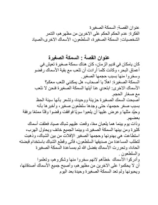 ‫عنوان‬
‫القصة‬
:
‫السمكة‬
‫الصغيرة‬
‫الفكرة‬
:
‫عدم‬
‫الحكم‬
‫الحكم‬
‫االخرين‬ ‫على‬
‫من‬
،‫مظهرهم‬
‫التنمر‬
‫الشخصيات‬
:
‫السمكة‬
،‫الصغيرة‬
،‫السلطعون‬
‫االخرى‬ ‫األسماك‬
‫الصياد‬،
‫الصغيرة‬ ‫السمكة‬ : ‫القصة‬ ‫عنوان‬
‫كان‬
‫يامكان‬
‫في‬
‫قديم‬
،‫الزمان‬
‫كان‬
‫هناك‬
‫سمكة‬
‫صغيرة‬
‫تعيش‬
‫في‬
‫أعماق‬
،‫البحر‬
‫وكانت‬
‫كلما‬
‫أرادت‬
‫أن‬
‫تلعب‬
‫مع‬
‫بقية‬
‫األسماك‬
‫رفضو‬
‫وسخروا‬
‫منها‬
‫بسبب‬
‫حجمها‬
‫الصغير‬
.
‫اللعب‬ ‫يمكنني‬ ‫هل‬ ،‫أصحاب‬ ‫يا‬ ‫ا‬
‫اهًل‬ :‫الصغيرة‬ ‫السمكة‬
‫معكم؟‬
‫االخرى‬ ‫األسماك‬
:
‫ابتعدي‬
‫عنا‬
‫أيتها‬
‫السمكة‬
‫الصغيرة‬
‫فنحن‬
‫ال‬
‫نلعب‬
‫مع‬
‫صغار‬
‫الحجم‬
.
‫أصبحت‬
‫السمك‬
‫الصغيرة‬
‫حزينة‬
،‫ووحيدة‬
‫وتشعر‬
‫بأنها‬
‫سيئة‬
‫الحظ‬
‫بسبب‬
‫صغر‬
،‫حجمها‬
‫حتى‬
‫وجدها‬
‫سلطعون‬
،‫صغير‬
‫وأخبرها‬
‫بأنه‬
‫ٌد‬‫ي‬‫وح‬
‫مثلها‬
‫فوافقت‬ ‫اا‬‫ي‬‫سو‬ ‫يلعبوا‬ ‫أن‬ ‫عليها‬ ‫وعرض‬
‫م‬ ‫ا‬‫ا‬‫ت‬‫وق‬ ‫وقضوا‬
‫برفقة‬ ‫ا‬‫ا‬‫ع‬‫مت‬
‫بعضهم‬
.
‫وذات‬
‫يوم‬
‫بينما‬
‫صياد‬ ‫شباك‬ ‫عليهم‬ ‫وقعت‬ ،‫ا‬‫ا‬‫ع‬‫م‬ ‫يلعبان‬ ‫هما‬
‫فعلقت‬
‫أسماك‬
‫كثيرة‬
‫ومن‬
‫بينها‬
‫السمك‬
‫ة‬
،‫الصغيرة‬
‫وبينما‬
‫الجميع‬
‫خائف‬
‫ويحاول‬
،‫الهرب‬
‫استطاعت‬
‫هي‬
‫بهدوئها‬
‫وحجمها‬
‫الصغير‬
‫اإلفًلت‬
‫من‬
‫بين‬
،‫الشباك‬
‫وذهبت‬
‫لتطلب‬
‫المساعدة‬
‫من‬
‫صديقها‬
،‫السلطعون‬
‫فأتى‬
‫وقطع‬
‫الشباك‬
‫باستخدام‬
‫قبضته‬
،‫الحادة‬
‫وتحررت‬
‫األسماك‬
‫بفضل‬
‫هللا‬
‫ثم‬
‫بمساعد‬
‫ة‬
‫السمكة‬
‫الصغيرة‬
‫والسلطعون‬
.
‫وأدركوا‬
‫األسماك‬
‫خطأهم‬
‫النهم‬
‫سخروا‬
‫منها‬
،‫وشكروهم‬
‫وتعلموا‬
‫أن‬
‫ال‬
‫يحكموا‬
‫على‬
‫االخرين‬
‫من‬
،‫مظهرهم‬
‫وأصبح‬
‫جميع‬
‫األسماك‬
،‫أصدقائها‬
‫ويحبونها‬
‫ولم‬
‫تعد‬
‫السمكة‬
‫الصغيرة‬
‫وحيدة‬
‫بعد‬
‫اليوم‬
 