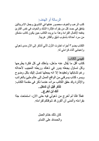 ‫الرسالة‬
‫الهدف‬ ‫أو‬
:
‫الرع‬ ‫كتب‬
‫االدرينالين‬ ‫وجعل‬ ‫التشويق‬ ‫في‬ ‫هدفها‬ ‫محصور‬ ‫والخوف‬ ‫ب‬
‫القارئ‬ ‫نفس‬ ‫في‬ ‫والخوف‬ ‫الشك‬ ‫فإثارة‬ ،‫يقرأه‬ ‫من‬ ‫كل‬ ‫جسد‬ ‫في‬ ‫يتدفق‬
‫يريد‬ ‫ما‬ ‫وهذا‬ ‫القراءة‬ ‫إلكمال‬ ‫يدفعه‬
‫ه‬
‫متمكن‬ ‫كاتب‬ ‫يكون‬ ‫حين‬ ‫الكاتب‬
.‫غريبة‬ ‫وأفكار‬ ‫ّق‬‫ي‬‫ش‬ ‫بأسلوب‬ ‫أحداثه‬ ‫سرد‬ ‫من‬
‫يضم‬ ‫الكتاب‬
٣
‫ذهولي‬ ‫مدى‬ ‫اآلن‬ ‫إلى‬ ‫أتذكر‬ ‫ألني‬ ‫األول‬ ‫اخترت‬ ‫أجزاء‬
‫قراءتي‬ ‫أثناء‬ ‫وإعجابي‬
.‫له‬
:‫للكتاب‬ ‫تقييمي‬
‫يطرحها‬ ‫فكرة‬ ‫كل‬ ‫في‬ ‫يذهلك‬ ،‫مذهل‬ ‫عنه‬ ‫ُقال‬‫ي‬ ‫ما‬ ‫أقل‬ ‫كتاب‬
‫ألحداثه‬ ‫العجيب‬ ‫وربطه‬ ‫ذهنك‬ ‫في‬ ‫يدور‬ ‫يجعله‬ ‫تساؤل‬ ‫وكل‬
‫انه‬ ‫إال‬ ‫وتعقيدها‬ ‫تشابكها‬ ‫رغم‬
‫وضوح‬ ‫بكل‬ ‫إليك‬ ‫تصل‬ ‫يجعلها‬
‫بالغرائب‬ ‫مليئ‬ ‫عالم‬ ‫إلى‬ ‫الممل‬ ‫الواقع‬ ‫من‬ ‫يسرقني‬ ‫كتاب‬ ،‫ويسر‬
:‫الكتاب‬ ‫مقدمة‬ ‫في‬ ‫ذكر‬ ‫عندما‬ ‫مراده‬ ‫الكاتب‬ ‫حقق‬ ‫وقد‬ ‫واإلثارة‬
..‫تدخل‬ ‫أن‬ ‫قبل‬ ‫تذكر‬
..‫تخرج‬ ‫لن‬ ‫أنك‬
‫ًا‬‫د‬‫ج‬ ‫استمتعت‬ ،‫االن‬ ‫حتى‬ ‫فيه‬ ‫ذهولي‬ ‫من‬ ‫أخرج‬ ‫لم‬ ‫فأنا‬ ً
‫فعال‬
.‫لقراءته‬ ‫شوقتكم‬ ‫قد‬ ‫أكون‬ ‫أن‬ ‫وأتمنى‬ ‫بقراءته‬
‫ختام‬ ‫ذلك‬ ‫كان‬
‫العمل‬
‫التمام‬ ‫على‬ ‫والحمدهلل‬
.
 