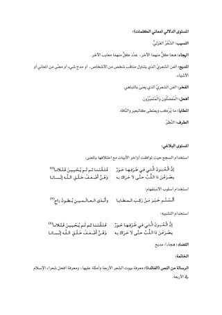 ‫الداللي‬ ‫املستوى‬
)‫الكلمات‬ ‫(معاني‬
:
‫ال‬
:‫نسيب‬
ُ
‫ر‬ْ‫ع‬ِّ
‫الش‬
ُّ
‫ِي‬‫ل‬َ
‫ز‬َ‫غ‬‫ال‬
.
:‫اهلجاء‬
‫اآلخر‬ َ‫ب‬‫معاي‬ ‫منهما‬ ٌّ
‫كل‬ َ‫د‬َّ
‫عد‬ ،‫اآلخر‬ ‫منهما‬ ٌّ
‫كل‬ ‫هجا‬
.
:‫املديح‬
‫الفن‬
ّ
‫ي‬‫الشعر‬
‫أو‬ ،‫األشخاص‬ ‫من‬ ‫شخص‬ َ‫ب‬‫مناق‬ ‫يتناول‬ ‫الذي‬
‫مدح‬
‫أو‬ ‫املعاني‬ ‫من‬ ‫ًى‬‫ن‬‫مع‬ ‫أو‬ ‫شيء‬
‫األشياء‬
.
:‫الفخر‬
.‫بالتباهي‬ َ‫ى‬‫يعن‬ ‫الذي‬ ّ
‫ي‬‫الشعر‬ ‫الفن‬
:‫أفحل‬
َ‫ن‬‫ُو‬
‫ل‬َّ
‫َض‬
‫ف‬ُ
‫م‬ْ‫ل‬‫ا‬
َ‫ن‬‫ُو‬
‫ز‬ِّ
‫َي‬‫م‬َ
‫ت‬ُ
‫م‬ْ‫ل‬‫َا‬‫و‬
.
:‫املطايا‬
‫َّاقة‬
‫والن‬ ‫كالبعري‬ ‫وميتطى‬ ‫ْكب‬‫ر‬ُ
‫ي‬ ‫ما‬
.
:‫الطرف‬
ُ
‫ر‬َ‫ظ‬َّ
‫ن‬‫ال‬
.
:‫البالغي‬ ‫املستوى‬
‫اختالفها‬ ‫مع‬ ‫األبيات‬ ‫أواخر‬ ‫توافقت‬ ‫حيث‬ ‫السجع‬ ‫استخدام‬
:‫باملعنى‬
‫االستفهام‬ ‫أسلوب‬ ‫استخدام‬
:
:‫التشبيه‬ ‫استخدام‬
‫التضاد‬
:
‫مديح‬ /‫هجاء‬
:‫اخلامتة‬
:)‫(الفائدة‬ ‫النص‬ ‫من‬ ‫الرسالة‬
‫اإلسالم‬ ‫شعراء‬ ‫أفحل‬ ‫ومعرفة‬ ،‫عليها‬ ‫وأمثلة‬ ‫األربعة‬ ‫الشعر‬ ‫بيوت‬ ‫معرفة‬
.‫األربعة‬ ‫يف‬
 