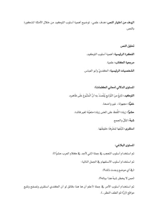 :‫النص‬ ‫اختيار‬ ‫من‬ ‫اهلدف‬
،‫علمي‬ ‫هدف‬
‫توضيح‬
‫املذكورة‬ ‫األمثلة‬ ‫خالل‬ ‫من‬ ‫التوكيد‬ ‫أسلوب‬ ‫أهمية‬
‫بالنص‬
.
‫النص‬ ‫حتليل‬
:‫الرئيسية‬ ‫الفكرة‬
.‫التوكيد‬ ‫أسلوب‬ ‫أهمية‬
:‫الكاتب‬ ‫مرجعية‬
.‫علمية‬
:‫الرئيسية‬ ‫الشخصيات‬
‫وأب‬ ّ
‫ي‬ِ‫د‬‫ِن‬‫ك‬‫ال‬
‫و‬
‫العباس‬
.
:)‫الكلمات‬ ‫(معاني‬ ‫الداللي‬ ‫املستوى‬
:‫التوكيد‬
ِ‫ه‬ِ‫ر‬ِ‫ه‬‫َا‬
‫ظ‬ ‫َى‬‫ل‬َ‫ع‬ َ‫ع‬‫ُو‬
‫ب‬ْ‫ت‬َ‫م‬ْ‫ل‬‫ا‬ َّ
‫أن‬ ِ‫ه‬ِ‫ب‬ ُ
‫د‬َ‫ص‬ْ‫ق‬ُ
‫ي‬ ِ
‫ع‬ِ‫ب‬‫َا‬‫و‬َّ
‫الت‬ َ
‫ن‬ِ‫م‬ ٌ
‫ع‬ِ‫ب‬‫َا‬
‫ت‬
.
َّ
‫خفي‬
:‫ة‬
.‫واضحة‬ ‫غري‬ ،‫جمهولة‬
:‫ًا‬
‫و‬‫حش‬
‫فائدة‬ ‫لغري‬ ‫ّنة‬
‫ي‬‫متع‬ ‫زيادة‬ ‫املعنى‬ ‫على‬ ‫َّفظ‬
‫الل‬ ‫زيادة‬
.
:ُ
‫ه‬‫شب‬
‫واجلمع‬ ُ
‫ل‬ْ‫ث‬ِ‫مل‬‫ا‬
.
:‫استقرى‬
‫ِها‬‫ت‬َ‫ق‬‫ِي‬‫ق‬َ‫ح‬ ِ‫ة‬َ‫ف‬ِ
‫ر‬ْ‫ع‬َ‫م‬ِ‫ل‬ ‫َها‬‫ع‬َّ
‫َب‬‫ت‬َ‫ت‬
.
:‫البالغي‬ ‫املستوى‬
.)!‫ًا‬
‫و‬‫حش‬ ‫العرب‬ ‫كالم‬ ‫يف‬ ‫ألجد‬ ‫(إني‬ ‫مجلة‬ ‫يف‬ ‫التعجب‬ ‫أسلوب‬ ‫استخدام‬ ‫مت‬
:‫التالية‬ ‫اجلمل‬ ‫يف‬ ‫االستفهام‬ ‫أسلوب‬ ‫استخدام‬ ‫مت‬
.)‫ذلك؟‬ ‫وجدت‬ ‫موضع‬ ‫أي‬ ‫(يف‬
.)‫بباله؟‬ ‫هذا‬ ُ
‫ه‬‫شب‬ ‫خيطر‬ ‫ال‬ ‫(ممن‬
‫وتتبع‬ ‫وتصفح‬ ‫استقرى‬ ‫الكندي‬ ‫أن‬ ‫لو‬ ‫دقائق‬ ‫هنا‬ ‫ها‬ ‫أن‬ ‫(أعلم‬ ‫مجلة‬ ‫يف‬ ‫األمر‬ ‫أسلوب‬ ‫استخدام‬ ‫مت‬
‫النظر‬ ‫ألطف‬ ‫ثم‬ )َّ
‫(إن‬ ‫مواقع‬
...
.)
 
