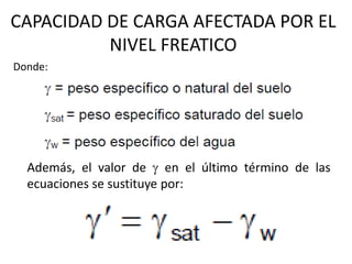 CAPACIDAD DE CARGA AFECTADA POR EL
NIVEL FREATICO
Donde:
Además, el valor de  en el último término de las
ecuaciones se s...