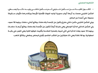 ‫التخييط‬
‫المعماري‬
–
‫ةةيت‬
‫وسة‬ ‫ةةرة‬
‫دائة‬ ‫ةةه‬
‫يلية‬ ‫ةةت‬
‫داخلة‬ ‫ةةثمن‬
‫مة‬ ‫ةة‬
‫ثة‬ ‫ةةارجت‬
‫خة‬ ‫ةةثمن‬
‫مة‬ ‫ةةن‬
‫مة‬ ‫ةةة‬
‫اليبة‬ ‫ةةون‬
‫وتكة‬
.
‫المثمن‬
‫سةييفة‬ ‫األبواب‬ ‫ذه‬ ‫ويتيدم‬ ‫األربعة‬ ‫األصلية‬ ‫الجهات‬ ‫وواجه‬ ‫محورية‬ ‫أبواب‬ ‫أربعة‬ ‫به‬ ‫مصمت‬ ‫الخارجت‬
‫الرخام‬ ‫من‬ ‫أعمدة‬ ‫علت‬ ‫محمولة‬
.
‫ويلت‬
‫بينهما‬ ‫دعامات‬ ‫ثمانت‬ ‫بواقع‬ ‫والدعامات‬ ‫االعمدة‬ ‫من‬ ‫يتكون‬ ‫مفرغ‬ ‫داخلت‬ ‫مثمن‬ ‫الخارجت‬ ‫المثمن‬
16
‫عمود‬
.
‫يلت‬
‫دعامةات‬ ‫أربعةة‬ ‫بواقع‬ ‫والدعامات‬ ‫األعمدة‬ ‫من‬ ‫وتكون‬ ً‫ا‬‫أيض‬ ‫مفرغة‬ ‫ت‬ ‫و‬ ‫الوسيت‬ ‫الدائرة‬ ‫الداخلت‬ ‫المثمن‬
‫بينهما‬
12
‫رقبةة‬ ‫علت‬ ‫ويوم‬ ‫ت‬ ‫و‬ ‫اليبة‬ ‫فوقها‬ ‫وأقيمت‬ ‫الميدسة‬ ‫بالصخرة‬ ‫وحيط‬ ‫التت‬ ‫ت‬ ‫الدائرة‬ ‫ذه‬ ‫و‬ ‫عمود‬
‫بها‬ ‫اسيوانية‬
16
‫ب‬ ‫الذ‬ ،‫برقائ‬ ‫ومغيت‬ ‫الرصاص‬ ‫بألواح‬ ‫المكسو‬ ‫الخشب‬ ‫من‬ ‫طبيتين‬ ‫ذات‬ ‫ت‬ ‫و‬ ‫نافذة‬
.
 