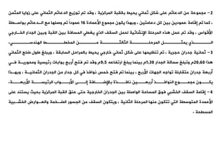 2
-
‫مجموعة‬
‫المث‬ ‫زوايا‬ ‫على‬ ‫الثمانت‬ ‫الدعائ‬ ‫ووزيع‬ ‫و‬ ‫وقد‬ ، ‫المركزية‬ ‫باليبة‬ ‫يحيط‬ ‫ثمانت‬ ‫شكل‬ ‫على‬ ‫الدعائ‬ ‫من‬
‫من‬
‫األعمادة‬ ‫مجموع‬ ‫يكون‬ ‫وبهذا‬ ، ‫دعامتين‬ ‫كل‬ ‫بين‬ ‫عمودين‬ ‫إقامة‬ ‫و‬ ‫كما‬ ،
16
‫بواسةية‬ ‫الةدعائ‬ ‫مع‬ ‫وصلها‬ ‫و‬ ً
‫ا‬‫عمود‬
‫الخةارجت‬ ‫الجدار‬ ‫وبين‬ ‫اليبة‬ ‫بين‬ ‫المسافة‬ ‫يغيت‬ ‫الذي‬ ‫السيف‬ ‫لحمل‬ ‫اإلنشائية‬ ‫المرحلة‬ ‫ذه‬ ‫عمل‬ ‫و‬ ‫وقد‬ ، ‫األقواس‬
‫ةةةةةةت‬
‫ة‬‫الهندس‬ ‫ةةةةةةط‬
‫ة‬‫المخي‬ ‫ةةةةةةن‬
‫ة‬‫م‬ ‫ةةةةةةة‬
‫ة‬‫الثالث‬ ‫ةةةةةةة‬
‫ة‬‫المرحل‬ ‫ةةةةةةل‬
‫ة‬‫يمث‬ ‫ةةةةةةذي‬
‫ة‬‫ال‬
.
3
-
‫ثمانية‬
‫الث‬ ‫ضلع‬ ‫طول‬ ‫ويبلغ‬ ، ‫السابية‬ ‫بالمراحل‬ ‫يحيط‬ ‫خارجت‬ ‫ثمانت‬ ‫شكل‬ ‫على‬ ‫ونظيمها‬ ‫و‬ ، ‫حجرية‬ ‫جدران‬
‫مانت‬
‫ذا‬
20,60
‫الجدار‬ ‫سماكة‬ ‫ووبلغ‬ ‫م‬
1,30
‫اروفاعه‬ ‫يبلغ‬ ‫بينما‬ ‫م‬
9,5
‫فةت‬ ‫ومحوريةة‬ ‫رئيسية‬ ‫بوابات‬ ‫أربع‬ ‫فتح‬ ‫و‬ ‫وقد‬ ‫م‬
‫وبهةذا‬ ، ‫الثمانيةة‬ ‫الجدران‬ ‫من‬ ‫جدار‬ ‫كل‬ ‫فت‬ ‫نوافذ‬ ‫خمس‬ ‫فتح‬ ‫و‬ ‫بينما‬ ، ‫األربع‬ ‫الجهات‬ ‫وواجه‬ ‫متيابلة‬ ‫جدران‬ ‫أربعة‬
‫األربعةةةة‬ ‫الرئيسةةةة‬ ‫األبةةةواب‬ ‫إلةةةى‬ ‫باإلضةةةافة‬ ‫نافةةةذة‬ ‫أربعةةةين‬ ‫النوافةةةذ‬ ‫مجمةةةوع‬ ‫يكةةةون‬
.
4
-
‫إقامة‬
‫يستن‬ ‫بحيث‬ ‫المركزية‬ ‫اليبة‬ ،‫عن‬ ‫حتى‬ ‫الخارجية‬ ‫الجدران‬ ‫بين‬ ‫الواصلة‬ ‫المساحة‬ ‫فوق‬ ‫الخشبت‬ ‫السيف‬
‫على‬ ‫د‬
‫الخشةبي‬ ‫والعةوارض‬ ‫الضةخمة‬ ‫الجسور‬ ‫من‬ ‫السيف‬ ‫ويتكون‬ ، ‫الثانية‬ ‫المرحلة‬ ‫منها‬ ‫وتكون‬ ‫التت‬ ‫المتوسية‬ ‫األعمدة‬
‫ة‬
‫المسيحة‬
.
 