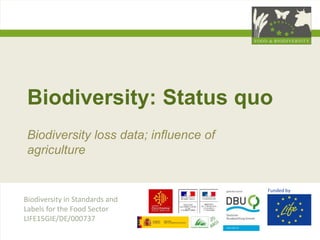 Funded by
Biodiversity in Standards and
Labels for the Food Sector
LIFE15GIE/DE/000737
Biodiversity: Status quo
Biodiversity loss data; influence of
agriculture
 