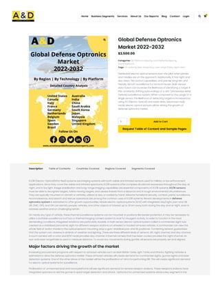 Global Defense Optronics
Market 2022-2032
$3,500.00
Categories: , ,
Tags: , , ,
Distributed electro optical sensors warn the pilot when planes
and missiles are on the approach. Additionally, it has night and
day vision, fire control capabilities, and precise wingmen and
friendly aircraft surveillance for tactical moves. Multi-sensor
data fusion can increase the likelihood of identifying a target in
the constantly shifting surroundings of a UAV (Unmanned Aerial
Vehicle) surveillance system. When compared to the usage of a
single sensor, the likelihood of detecting targets is increased by
using EO (Electro Optical) and radar data. Advanced multi-
mode electro optical sensors will be driving the growth of
defense optronics market.
1 Add to Cart
Request Table of Content and Sample Pages
Air Platforms Reports Land Platforms Reports
Naval Platforms
EO systems laser designator Laser range finder Night vision
EO/IR (Electro-Optical/Infra-Red) systems are imaging systems with both visible and infrared sensors used for military or law enforcement
applications. Since they cover the visible and infrared spectrums, EO/IR systems offer complete situational awareness throughout the day, at
night, and in low light. Image stabilization and long-range imaging capabilities are essential components of EO/IR systems. EO/IR sensors
must be able to recognize targets, follow moving targets, and assess threats from a distance and in tough environmental circumstances.
They are typically mounted on aircraft or vehicles, utilized at sea, or carried by hand. Airborne homeland security, combat, patrol, surveillance,
reconnaissance, and search and rescue operations are among the common uses of EO/IR systems. Recent developments in defense
optronics system is estimated to offer growth opportunities. Mobile electro-optical systems (EOS) with integrated day/night, pan-and-tilt,
LRF, DMC, GPS, and SW can identify people, vehicles, and other objects of interest up to 25 km away both during the day and at night, even in
adverse weather and on challenging terrain.
On nearly any type of vehicle, these thermal surveillance systems can be mounted. In positions like border protection, it may be necessary to
utilize a portable surveillance roof box or thermal imaging camera system to look for insurgent activity. In order to function in the most
demanding conditions, integrated solutions are particularly durable. A multi-sensor electro-optical system called a commander sight was
created as a stabilized panoramic sight for different weapon stations on wheeled or tracked armored vehicles. A commander can view the
whole field of action thanks to the optical sensors’ mounting atop a gyro-stabilized pan and tilt positioner. Combining sensors guarantees
that the system can observe in all kinds of weather and lighting. There are three different kinds of sensors: LRF, night channel, and day channel.
A zoom camera with a color and B/W mode provides day channel. A thermal camera that has been cooled provides the night channel. An
eye-safe laser rangefinder is used to measure distance. To avoid any movements during gunfire, all sensors are properly set and aligned.
Major factors driving the growth of the market
Increasing procurement programs with respect to armored vehicles such as Main Battle Tanks, Light Tanks and infantry Fighting Vehicles is
estimated to drive the defense optronics market. These armored vehicles will create demand for commander sights, gunner sights and laser
detection systems. One of the other drives of the market will be the proliferation of UAVs for performing ISR. This will create significant demand
for electro optical systems for surveillance.
Proliferation of unmanned land and naval platforms will see significant demand for remote weapon stations. These weapons stations have
integrated optronics to aid the gunner in quick target detection and attack. Optronics for unmanned systems will be a key segment in the
Description Table of Contents Countries Covered Regions Covered Segments Covered

 
0
Home Business Segments Services About Us Our Reports Blog Contact Login
 