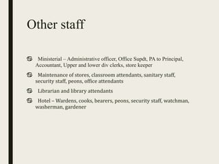 Other staff
♋ Ministerial – Administrative officer, Office Supdt, PA to Principal,
Accountant, Upper and lower div clerks,...