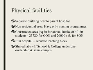 Physical facilities
♋ Separate building near to parent hospital
♋ Non residential area; Have only nursing programmes
♋ Con...
