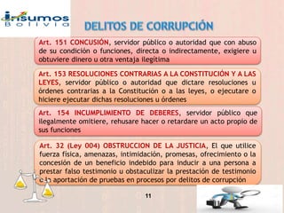 11
Art. 151 CONCUSIÓN, servidor público o autoridad que con abuso
de su condición o funciones, directa o indirectamente, e...