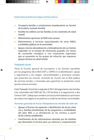 65
DESCRIPCION GENERAL
DEL PROGRAMA DE ATENCION
INTEGRAL A LA PRIMERA INFANCIA
DE BASE FAMILIAR Y COMUNITARIA
RECURSO
HUMA...
