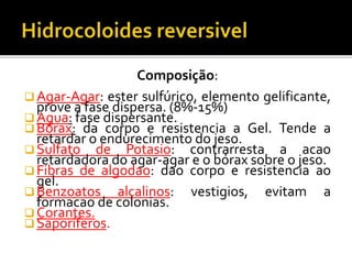 Composição:
 Agar-Agar: ester sulfúrico, elemento gelificante,
prove a fase dispersa. (8%-15%)
 Agua: fase dispersante.
 Bórax: da corpo e resistencia a Gel. Tende a
retardar o endurecimento do jeso.
 Sulfato de Potasio: contrarresta a acao
retardadora do agar-agar e o bórax sobre o jeso.
 Fibras de algodao: dao corpo e resistencia ao
gel.
 Benzoatos alcalinos: vestigios, evitam a
formacao de colonias.
 Corantes.
 Saporíferos.
 