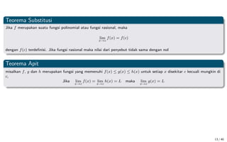 Teorema Substitusi
Jika f merupakan suatu fungsi polinomial atau fungsi rasional, maka
lim
x→c
f(x) = f(c)
dengan f(c) terdefinisi. Jika fungsi rasional maka nilai dari penyebut tidak sama dengan nol
Teorema Apit
misalkan f, g dan h merupakan fungsi yang memenuhi f(x) ≤ g(x) ≤ h(x) untuk setiap x disekitar c kecuali mungkin di
c,
Jika lim
x→c
f(x) = lim
x→c
h(x) = L maka lim
x→c
g(x) = L
13 / 40
 