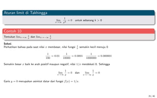 Aturan limit di Takhingga
lim
x→∞
1
xk
= 0 untuk sebarang k  0
Contoh 10
Tentukan limx→∞
1
x
dan limx→−∞
1
x
Solusi.
Perhatikan bahwa pada saat nilai x membesar, nilai fungsi 1
x
semakin kecil menuju 0
1
100
= 0.01
1
10000
= 0.0001
1
1000000
= 0.000001
Semakin besar x baik ke arah positif maupun negatif, nilai 1/x mendekati 0. Sehingga
lim
x→∞
1
x
= 0 dan lim
x→−∞
1
x
= 0
Garis y = 0 merupakan asimtot datar dari fungsi f(x) = 1/x.
25 / 40
 