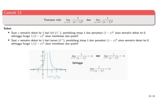 Contoh 13
Tentukan nilai lim
x→1−
1
(x − 1)2
dan lim
x→1+
1
(x − 1)2
Solusi.
• Saat x semakin dekat ke 1 dari kiri (1−), pembilang tetap 1 dan penyebut (1 − x)2 akan semakin dekat ke 0,
sehingga fungsi 1/(1 − x)2 akan membesar dan positif
• Saat x semakin dekat ke 1 dari kanan (1+), pembilang tetap 1 dan penyebut (1 − x)2 akan semakin dekat ke 0,
sehingga fungsi 1/(1 − x)2 akan membesar dan positif
29 / 40
 