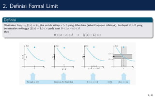 2. Definisi Formal Limit
Definisi
Dikatakan limx→c f(x) = L, jika untuk setiap   0 yang diberikan (sekecil apapun nilainya), terdapat δ  0 yang
bersesuaian sehingga |f(x) − L|   pada saat 0  |x − c|  δ
atau
0  |x − c|  δ → |f(x) − L|  
9 / 40
 