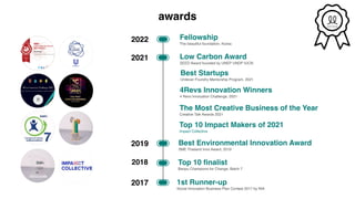 awards
2017 1st Runner-up
Social Innovation Business Plan Contest 2017 by NIA
2018
2019
2021
Top 10 finalist
Banpu Champions for Change, Batch 7
Best Environmental Innovation Award
SME Thailand Inno Award, 2019
Low Carbon Award
SEED Award founded by UNEP UNDP IUCN
The Most Creative Business of the Year
Creative Talk Awards 2021
4Revs Innovation Winners
4 Revs Innocation Challenge, 2021
Best Startups
Unilever Foundry Mentorship Program, 2021
has been selected as an exceptional climate-smart and eco-inclusive start-up enterprise.
Rainer Agster • Director of Operations • SEED
FOUNDED BY HOSTED BY
SUPPORTED BY
SEED
LOW CARBON AWARD
2021 WINNER
moreloop
Top 10 Impact Makers of 2021
Impact Collective
2022 Fellowship
The beautiful foundation, Korea
 