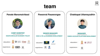 Pawanrat Pasawongse
SENIOR MANAGER
HEAD of HR and BUSINESS DEVELOPMENT
Chakkapat Uttamayodhin
MANAGER
FABRIC ACCOUNT/PLATFORM DEVELOPMENT
Panate Manomaivibool
CHIEF SCIENTIST
WASTE/CIRCULAR ECONOMY/ POLICY
education :
experience :
education :
experience :
education :
experience :
team
 