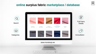 Search
Categories
Full Fabric
Details
Consultation
online surplus fabric marketplace / database
www.moreloop.ws
 