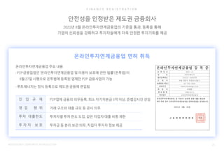 23
ROOTENERGY CORPORATE INTRODUCTION
안전성을 인정받은 제도권 금융회사
2021년 8월 온라인투자연계금융업의 기준을 통과, 등록을 통해
기업의 신뢰성을 강화하고 투자자들에게 더욱 안정한 투자기회를 제공
F I N A N C E R E G I S T R A T I O N
온라인투자연계금융업 주요 내용
·P2P금융업법인 '온라인투자연계금융업 및 이용자 보호에 관한 법률'(온투법)이
8월 27일 시행으로 온투법에 등록된 업체만 P2P 금융사업이 가능
·루트에너지는 정식 등록으로 제도권 금융에 편입됨
온라인투자연계금융업 면허 취득
진 입 규 제
영 업 행 위
투자 대출한도
투 자 자 보 호
P2P업체 금융의 의무등록, 최소 자기자본금 5억 이상, 준법감시인 선임
거래 구조와 대출 규모 등 공시 의무
투자자별 투자 한도 도입, 같은 차입자 대출 비중 제한
투자금 등 분리 보관 의무, 차입자 투자자 정보 제공
 