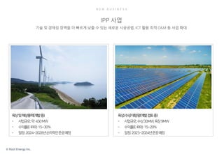 © Root Energy Inc.
N E W B U S I N E S S
IPP 사업
기술 및 경제성 장벽을 더 빠르게 낮출 수 있는 새로운 시공공법, ICT 활용 최적 O&M 등 사업 확대
 