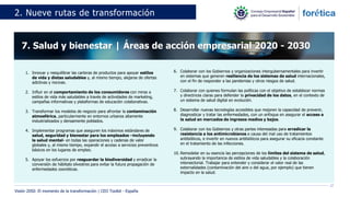 22
2. Nueve rutas de transformación
7. Salud y bienestar | Áreas de acción empresarial 2020 - 2030
1. Innovar y reequilibrar las carteras de productos para apoyar estilos
de vida y dietas saludables y, al mismo tiempo, alejarse de ofertas
adictivas y nocivas.
2. Influir en el comportamiento de los consumidores con miras a
estilos de vida más saludables a través de actividades de marketing,
campañas informativas y plataformas de educación colaborativas.
3. Transformar los modelos de negocio para afrontar la contaminación
atmosférica, particularmente en entornos urbanos altamente
industrializados y densamente poblados.
4. Implementar programas que aseguren los máximos estándares de
salud, seguridad y bienestar para los empleados –incluyendo
la salud mental- en todas las operaciones y cadenas de valor
globales y, al mismo tiempo, expandir el acceso a servicios preventivos
básicos en los lugares de empleo.
5. Apoyar los esfuerzos por resguardar la biodiversidad y erradicar la
conversión de hábitats silvestres para evitar la futura propagación de
enfermedades zoonóticas.
6. Colaborar con los Gobiernos y organizaciones intergubernamentales para invertir
en sistemas que generen resiliencia de los sistemas de salud internacionales,
con el fin de responder a las pandemias y otros riesgos de salud.
7. Colaborar con quienes formulan las políticas con el objetivo de establecer normas
y directrices claras para defender la privacidad de los datos, en el contexto de
un sistema de salud digital en evolución.
8. Desarrollar nuevas tecnologías accesibles que mejoren la capacidad de prevenir,
diagnosticar y tratar las enfermedades, con un enfoque en asegurar el acceso a
la salud en mercados de ingresos medios y bajos.
9. Colaborar con los Gobiernos y otras partes interesadas para erradicar la
resistencia a los antimicrobianos a causa del mal uso de tratamientos
antibióticos, e invertir en nuevos antibióticos para asegurar su eficacia constante
en el tratamiento de las infecciones.
10. Remodelar en su esencia las percepciones de los límites del sistema de salud,
subrayando la importancia de estilos de vida saludables y la colaboración
intersectorial. Trabajar para entender y considerar el valor real de las
externalidades (contaminación del aire o del agua, por ejemplo) que tienen
impacto en la salud.
Visión 2050: El momento de la transformación | CEO Toolkit - España
 