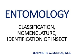 ENTOMOLOGY
CLASSIFICATION,
NOMENCLATURE,
IDENTIFICATION OF INSECT
JEMMARIE G. SUETOS, M.S.
 