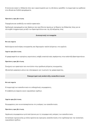 Η πίεση που ασκεί η «διδακτέα ύλη» και η προετοιμασία για τις εξετάσεις εμποδίζει τη συμμετοχή των μαθητών
στα εθνικά και διεθνή προγράμματα.
Προτάσεις προς βελτίωση
Τεκμηρίωση και ανάδειξη των καλών πρακτικών.
Σχεδιασμός προγραμμάτων και δράσεων που σχετίζονται άμεσα με τα θέματα της διδακτέας ύλης για να
επιτευχθεί συγχρονισμός μεταξύ των δραστηριοτήτων και της εξεταζομένης ύλης.
Διοικητική λειτουργία
Θετικά σημεία
Καλλιέργεια κουλτούρας συνεργασίας και δημιουργία «καλού κλίματος» στο σχολείο.
Σημεία προς βελτίωση
Η γραφειοκρατία σε ορισμένες περιπτώσεις υπήρξε ανασταλτικός παράγοντας στην ανάπτυξη δραστηριοτήτων.
Προτάσεις προς βελτίωση
Συνέχιση των πρακτικών που συντελούν στην εμπέδωση κλίματος συνεργασίας.
Αξιοποίηση ψηφιακών μέσων και πλατφορμών για τη μείωση της γραφειοκρατίας.
Επαγγελματική ανάπτυξη εκπαιδευτικών
Θετικά σημεία
Η συμμετοχή των εκπαιδευτικών σε ενδοσχολικές επιμορφώσεις.
Η υποβολή για έγκριση τριών ευρωπαϊκών σχεδίων.
Σημεία προς βελτίωση
Επιμορφώσεις που να ανταποκρίνονται στις ανάγκες των εκπαιδευτικών.
Προτάσεις προς βελτίωση
Οργάνωση επιμορφώσεων μετά από έρευνα για τις επιμορφωτικές ανάγκες των εκπαιδευτικών.
Ανταλλαγή τεχνογνωσίας με άλλα σχολεία και έμπειρους εκπαιδευτικούς στον σχεδιασμό και την υλοποίηση
ευρωπαϊκών σχεδίων.
 