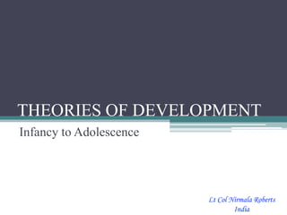 THEORIES OF DEVELOPMENT
Infancy to Adolescence
Lt Col Nirmala Roberts
India
 
