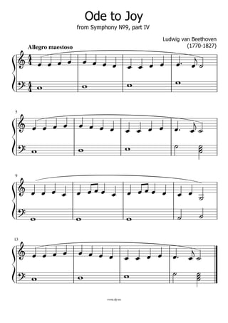 Ode to Joy
from Symphony №9, part IV
Ludwig van Beethoven
(1770-1827)
5
9
13
  
   

 
     

 

 


 




 
 


  


 

 


 

 
 
 

 








 

 
 

   

 

















Allegro maestoso



sveta.dp.ua
1) Учимся видеть определенную позицию в обеих руках. Особенно в 3й строчке
Большая октава
Соединять только те ноты, которые находятся ДРУГ ПОД ДРУГОМ
 