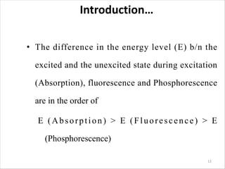 Introduction…
• The difference in the energy level (E) b/n the
excited and the unexcited state during excitation
(Absorption), fluorescence and Phosphorescence
are in the order of
E (Absorption) > E (Fluorescence) > E
(Phosphorescence)
12
 