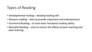 Types of Reading
• Developmental reading – develop reading skill
• Pleasure reading – aims to provide enjoyment and entertainment
• Functional Reading – to learn basic functional reading ability
• Remedial Reading – aims to correct the effects of poor teaching and
poor learning
 