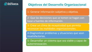 Objetivos del Desarrollo Organizacional
1- Generar información subjetiva y objetiva.
2- Que las decisiones que se tomen se...