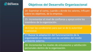 Objetivos del Desarrollo Organizacional
14- Examinar el como, cuando y donde los valores, Influyen
sobre los objetivos, de...