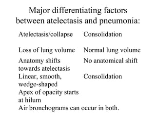 Major differentiating factors
between atelectasis and pneumonia:
Atelectasis/collapse Consolidation
Loss of lung volume Normal lung volume
Anatomy shifts
towards atelectasis
No anatomical shift
Linear, smooth,
wedge-shaped
Consolidation
Apex of opacity starts
at hilum
Air bronchograms can occur in both.
 