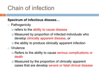 Chain of infection
Spectrum of infectious disease…
 Pathogenicity
 refers to the ability to cause disease
 Measured by ...