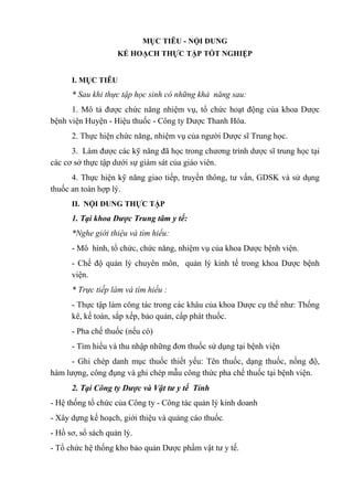 MỤC TIÊU - NỘI DUNG
KẾ HOẠCH THỰC TẬP TỐT NGHIỆP
I. MỤC TIÊU
* Sau khi thực tập học sinh có những khả năng sau:
1. Mô tả đ...