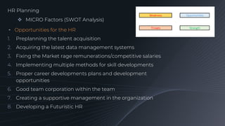 HR Planning
 MICRO Factors (SWOT Analysis)
╺ Opportunities for the HR
1. Preplanning the talent acquisition
2. Acquiring ...