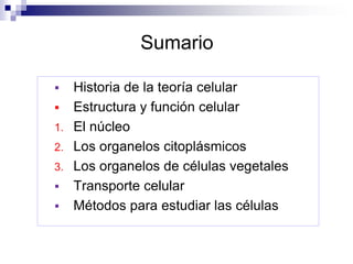 Sumario
 Historia de la teoría celular
 Estructura y función celular
1. El núcleo
2. Los organelos citoplásmicos
3. Los ...