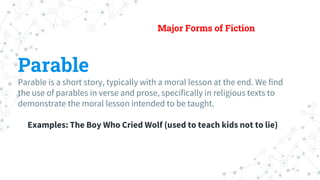 Major Forms of Fiction
Parable
Parable is a short story, typically with a moral lesson at the end. We find
the use of para...