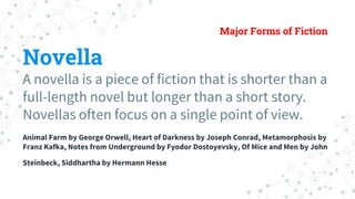 Major Forms of Fiction
Novella
A novella is a piece of fiction that is shorter than a
full-length novel but longer than a ...