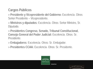 PRODETUR
Cargos Públicos
> Presidente y Vicepresidente del Gobierno: Excelencia. Otros:
Señor Presidente – Vicepresidente....