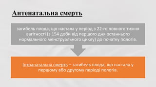 Антенатальна смерть
Інтранатальна смерть – загибель плода, що настала у
першому або другому періоді пологів.
загибель плода, що настала у період з 22-го повного тижня
вагітності (з 154 доби від першого дня останнього
нормального менструального циклу) до початку пологів.
 