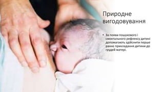 Природне
вигодовування
• За появи пошукового і
смоктального рефлексу дитині
допомагають здійснити перше
раннє прикладання дитини до
грудей матері.
 