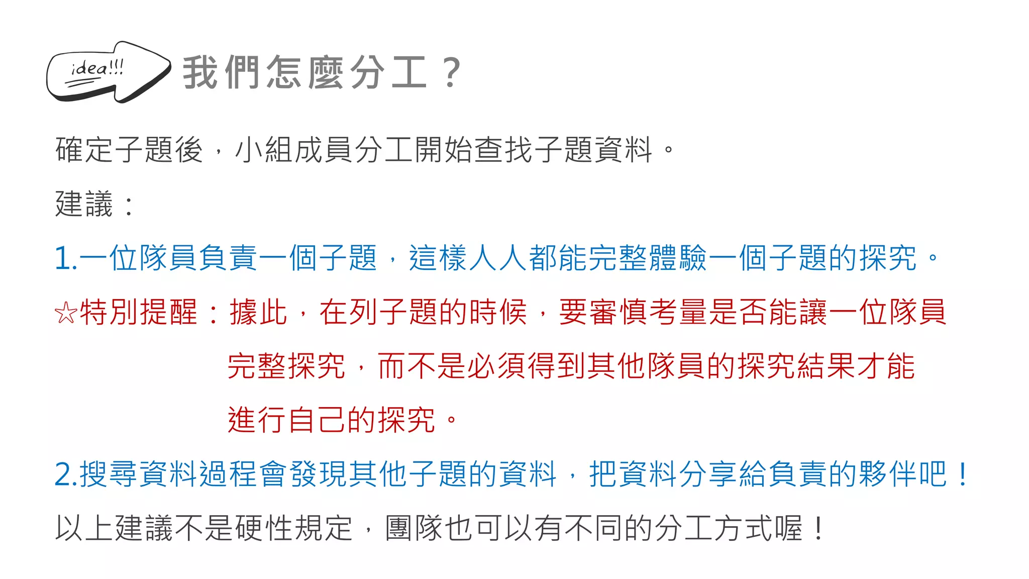 我們怎麼分工？
確定子題後，小組成員分工開始查找子題資料。
建議：
1.一位隊員負責一個子題，這樣人人都能完整體驗一個子題的探究。
☆特別提醒：據此，在列子題的時候，要審慎考量是否能讓一位隊員
完整探究，而不是必須得到其他隊員的探究結果才能
進行自己的探究。
2.搜尋資料過程會發現其他子題的資料，把資料分享給負責的夥伴吧！
以上建議不是硬性規定，團隊也可以有不同的分工方式喔！
 